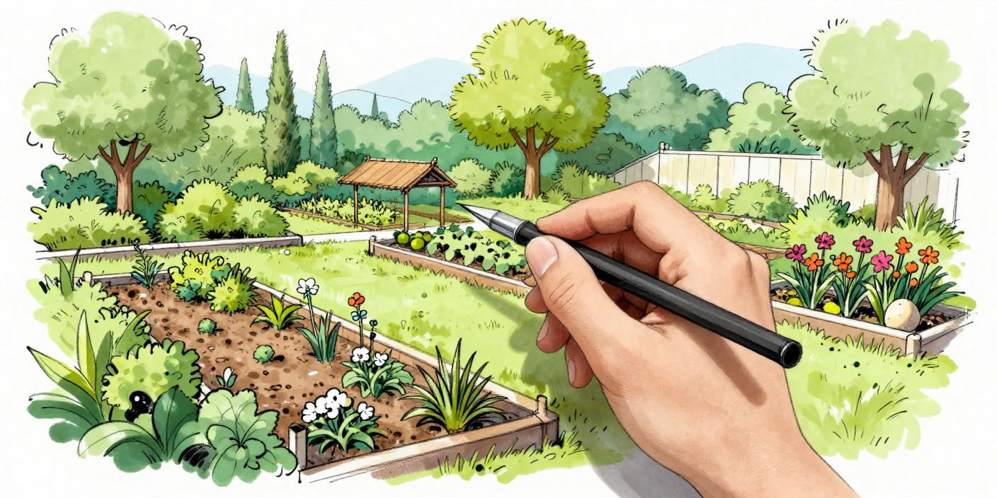 Conceptschets van een landelijke tuin